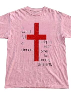 Light Pink Graphic Tee with Red Cross & Black Text